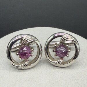 Vintage Silver Tone Purple Cabochon Cufflinks Spring Wedding